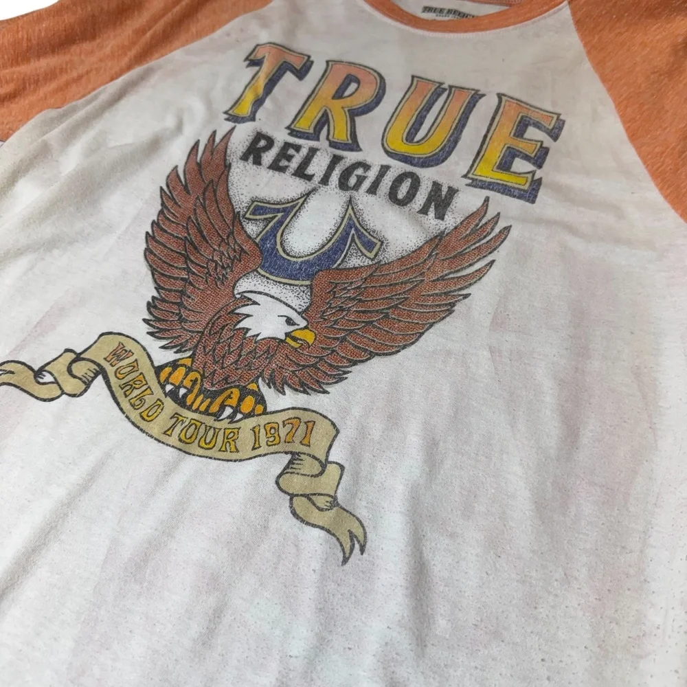 True Religion World Tour Orange and Tan Raglan Tee XXL
